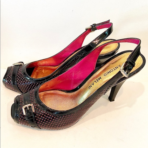 Antonio Melani Slingback Black/Pink Leather Heels - Picture 9 of 11